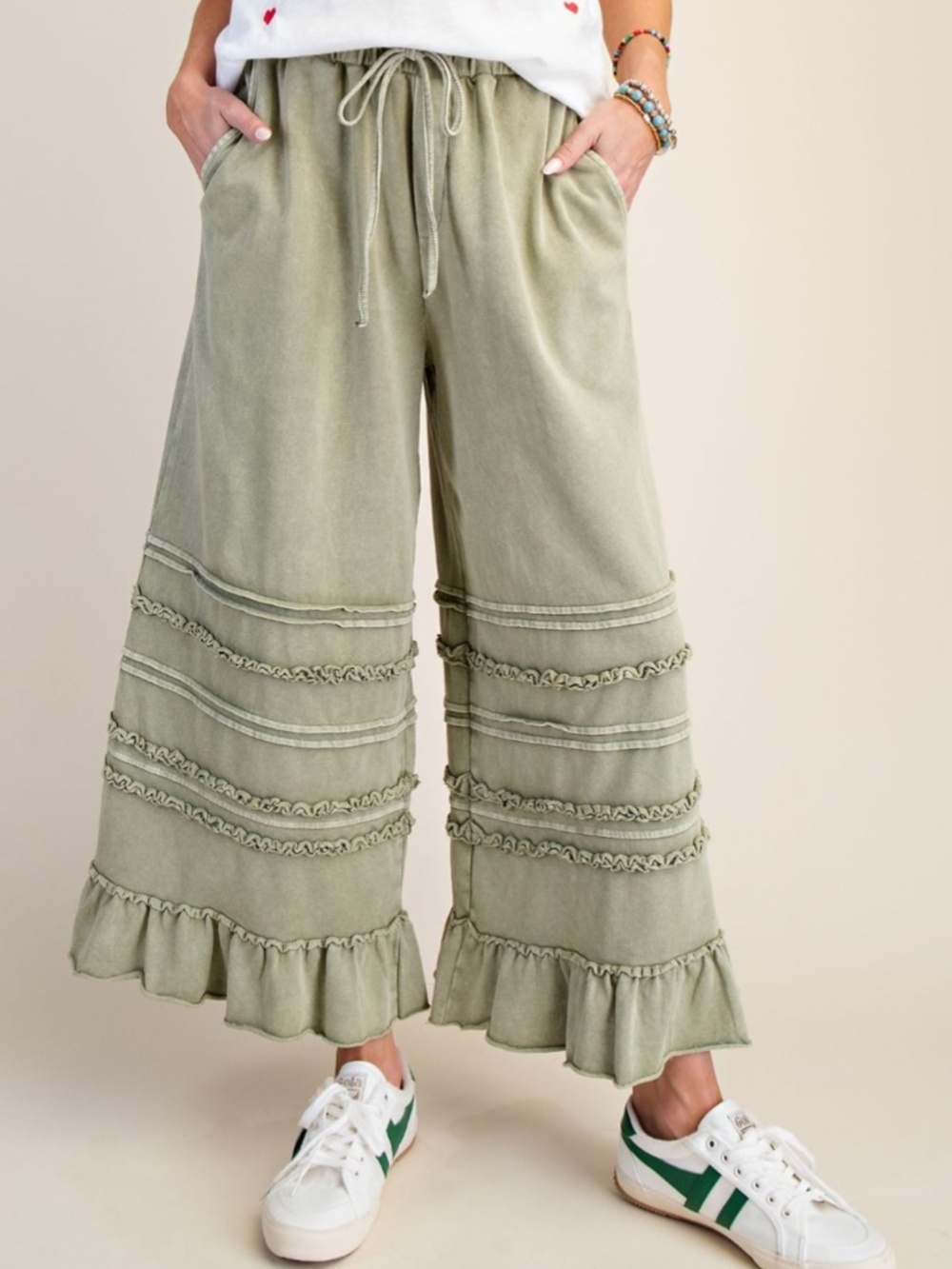 "The Kayla" Sage Terry Tiered Ruffled Wide Leg Pants